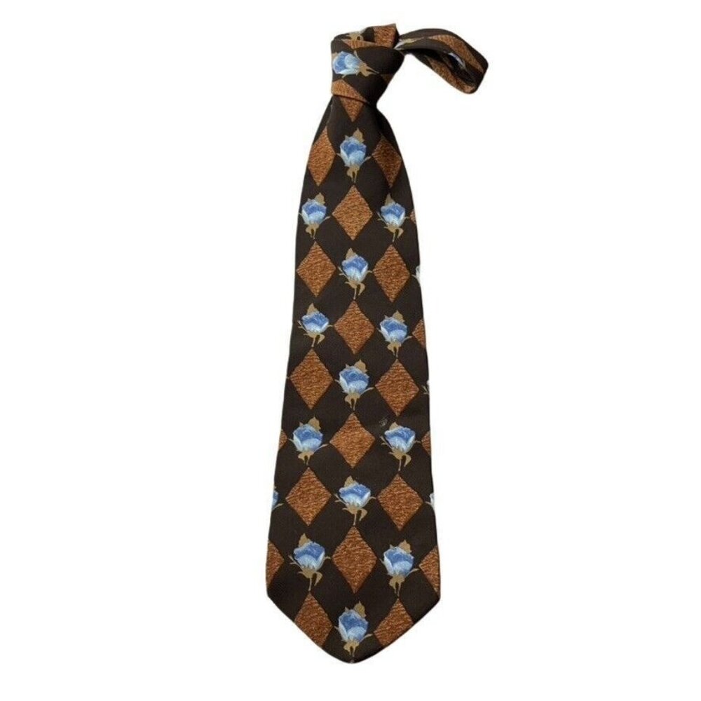 Hugo Boss Silk Necktie With Brown & Blue Argyle Floral Pattern